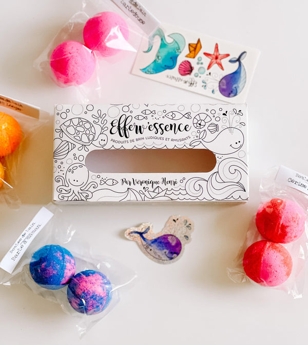 Coloring collection box containing 8 small bath bombs + temporary tattoos - Efferv'essence